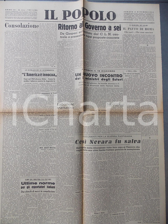 Dicembre 1945 IL POPOLO Patto di Roma con la CGIL per i salari *Giornale DC 