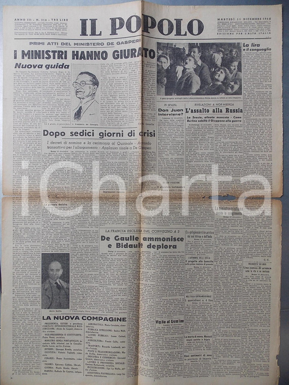 Dicembre 1945 IL POPOLO Giuramento ministri governo DE GASPERI *Giornale DC 
