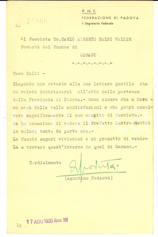 1935 PNF PADOVA Congratulazioni federale Agostino PODESTA' a BALBI VALIER
