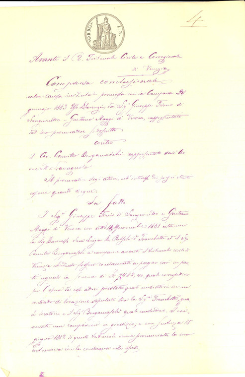 1883 VENEZIA Comparsa conclusionale lite FIORIO e MAGGI vs baronessa ROTSCHILD