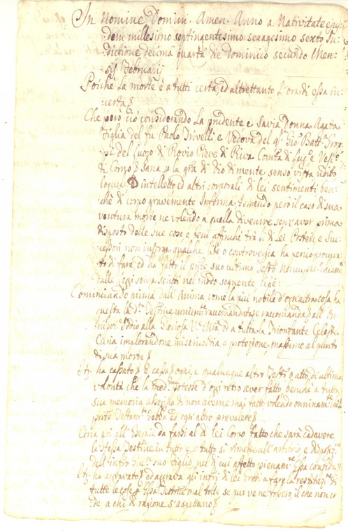 1766 ROVIO (SVIZZERA) Testamento di Agata TRIVELLI vedova GROPPI pro figli