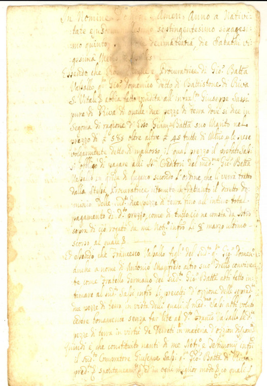 1765 RIVA SAN VITALE Atto rinuncia su terre Giuseppe SASSI pro fratelli VASSALLO