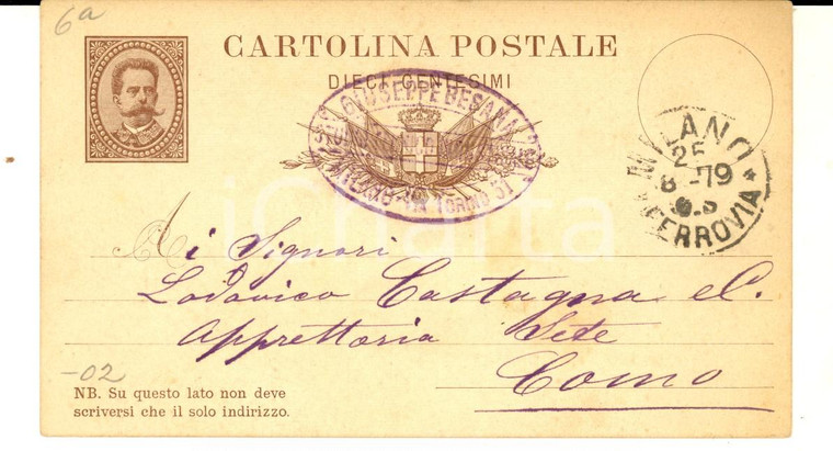 1879 MILANO Ditta Giuseppe BESANA invia regolatore macchina a vapore *Cartolina