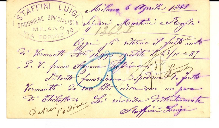 1888 MILANO via TORINO Drogheria Luigi STAFFINI a MARTINI & ROSSI *Cartolina
