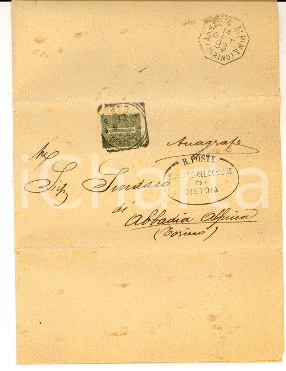 1893 STORIA POSTALE Lettera PISTOIA per ABBADIA ALPINA affrancata 1 cent. verde