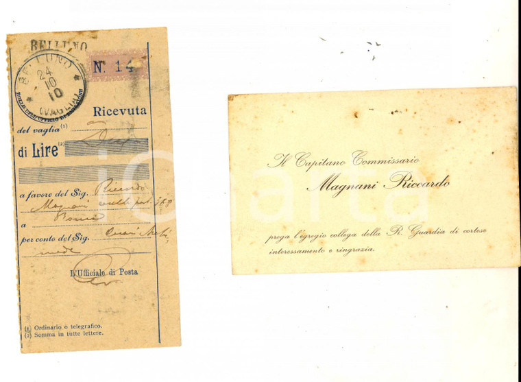 1910 ROMA Biglietto commissario Riccardo MAGNANI + ricevuta vaglia BELLUNO