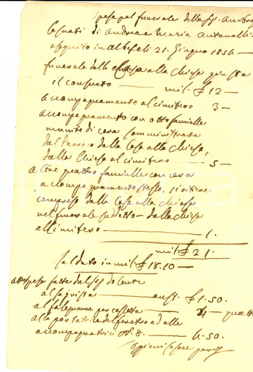 1856 ALBESE CON CASSANO Spese per funerale di Ambrosia CASNATI *Manoscritto