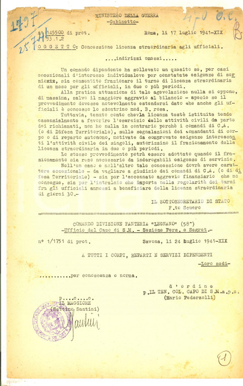 1941 WWII MINISTERO DELLA GUERRA Sulle licenze straordinarie agli ufficiali