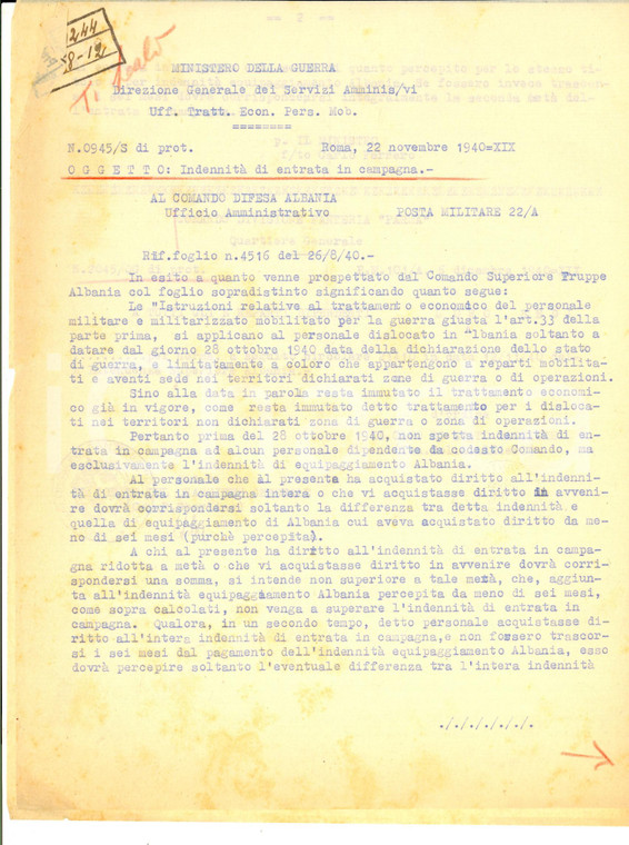 1940 WWII MINISTERO DELLA GUERRA Indennità entrata in campagna ALBANIA *Lettera