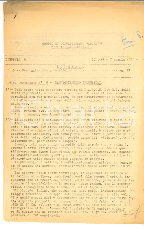 1945 P.M.155 Gruppo Combattimento LEGNANO Ordine su pneumatici danneggiati