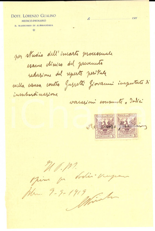 1919 Regio Manicomio di ALESSANDRIA Conto primario dr. Lorenzo GUALINO
