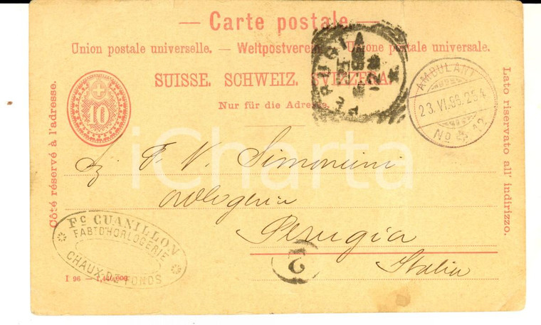 1896 CHAUX-DE-FONDS (SUISSE) Horlogerie CUANILLON Carte postale AMBULANT n° 12