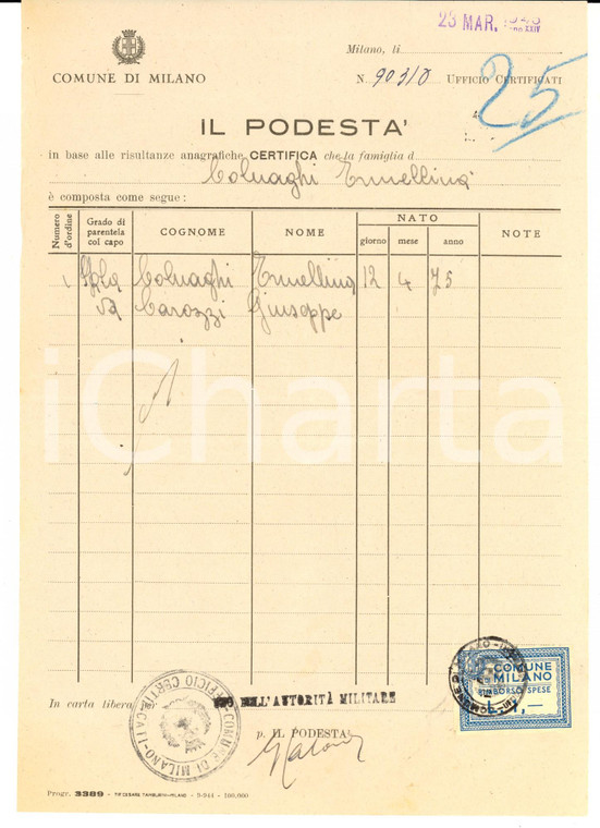 1945 MILANO Certificato di residenza famiglia COLNGAHI - CAROZZI *Con bollo