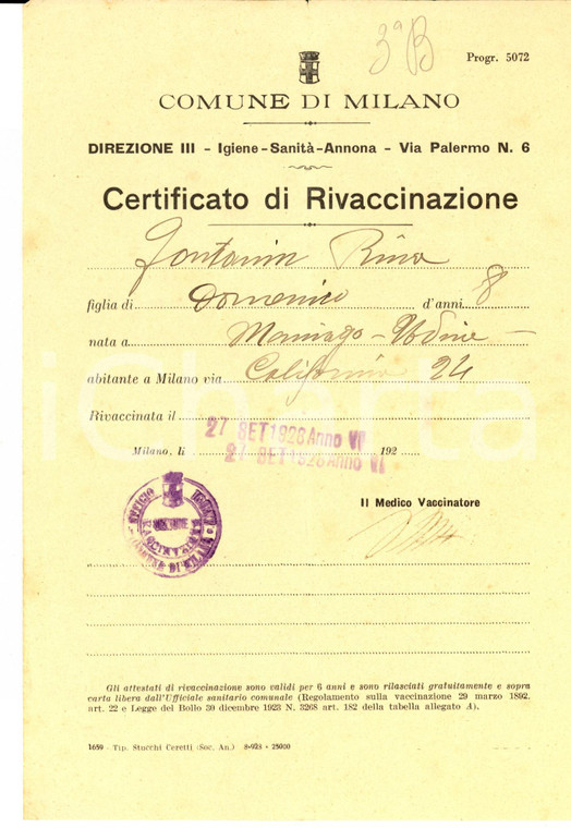 1928 MILANO Ufficio IGIENE - Certificato rivaccinazione di Rina FONTANIN 