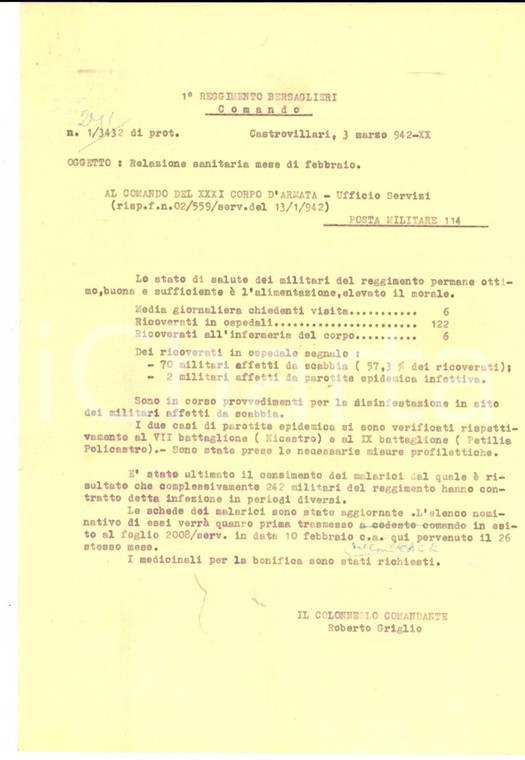 1942 WWII CASTROVILLARI 1° Reggimento BERSAGLIERI Relazione sanitaria febbraio