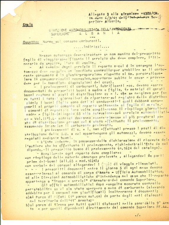 1941 WWII Intendenza Superiore ALBANIA Norme sul consumo carburanti *Circolare