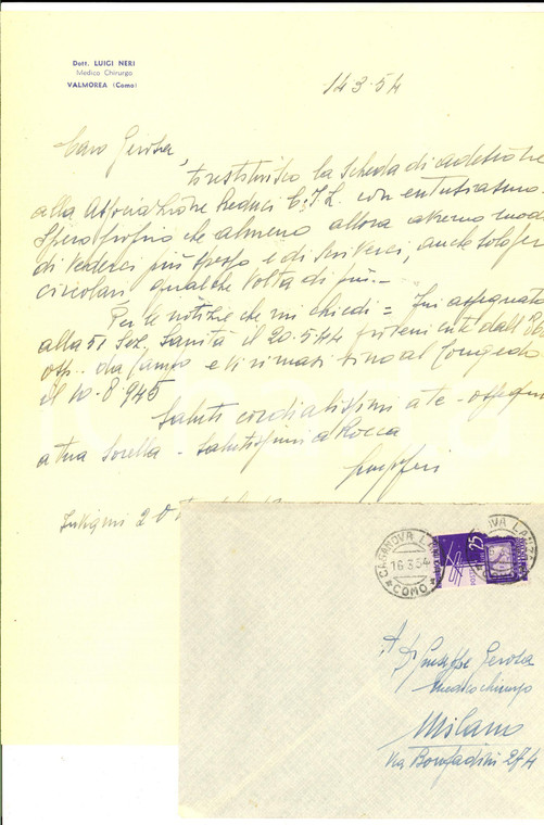 1954 VALMOREA (CO) Lettera dr. Luigi NERI su adesione all'Associazione Reduci