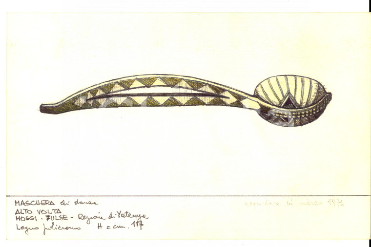 1980 ca ARTE AFRICANA Maschera ALTO VOLTA Danza *Bozzetto china disegnato a mano