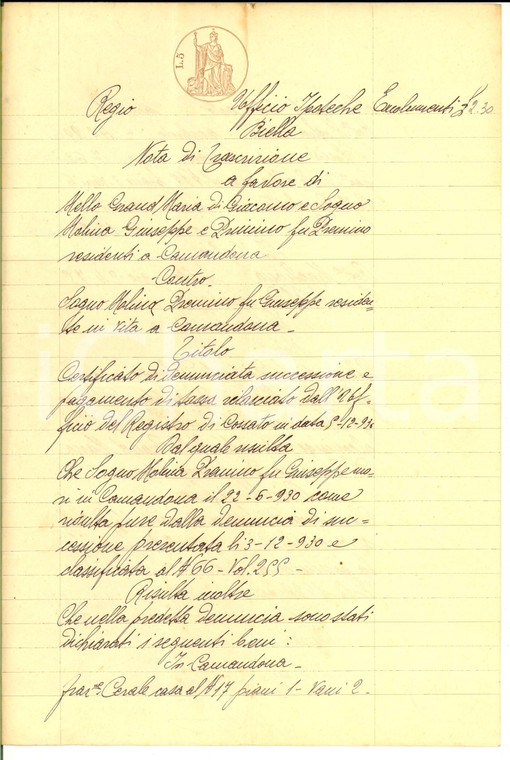 1930 CAMANDONA Certificato di successione pro Giuseppe e Primino SOGNO MOLINA