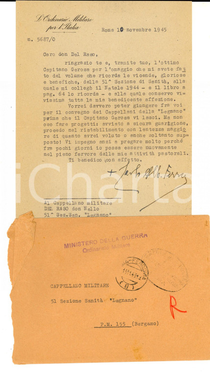 1945 Mons. Carlo Alberto FERRERO DI CAVALLERLEONE ringrazia per libro *Autografo