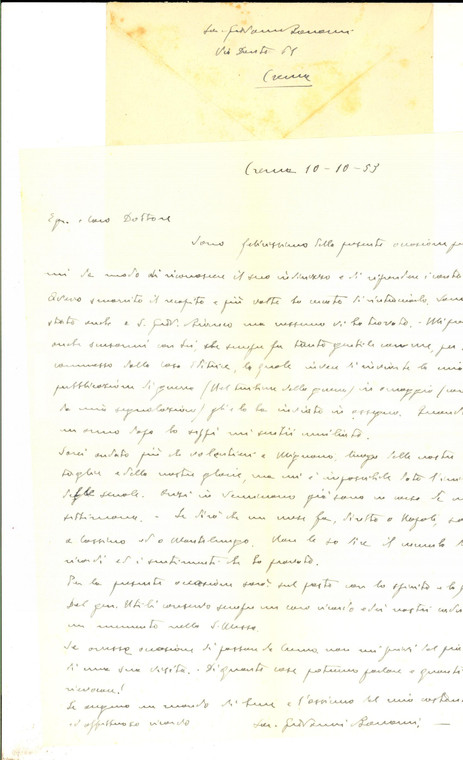 1953 CREMA Don Giovanni BONOMI su invio pubblicazioni di guerra *Autografo