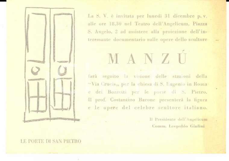 1950 ca MILANO Teatro dell'ANGELICUM Invito per documentario Giacomo MANZU'