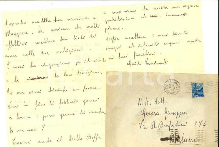 1949 NAPOLI Guido TUCCINARDI riconoscente verso Giuseppe GEROSA *Lettera