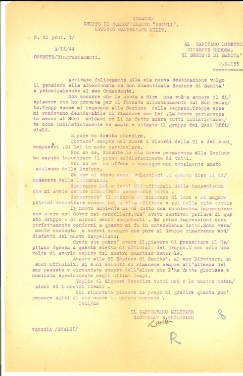 1944 Gruppo Combattimento FRIULI Padre CASTELLAN ricorda Sezione di Sanità