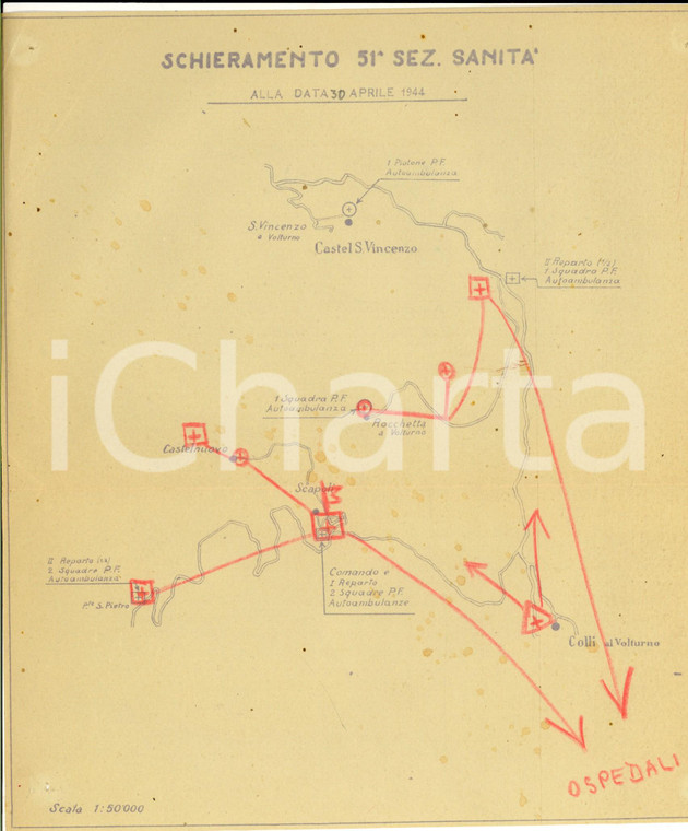 30 Aprile 1944 WW2 Schieramento 51^ Sezione SANITA' a CASTEL SAN VINCENZO *Mappa