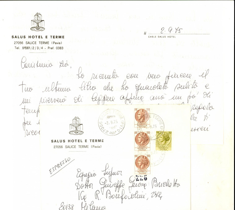 1975 SALICE TERME (PV) Lettera su carta intestata e busta SALUS Hotel e Terme