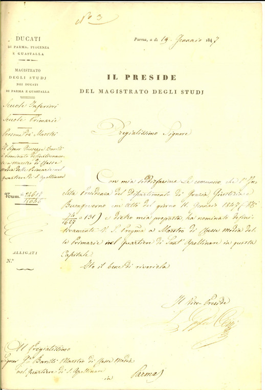 1847 PARMA Nomina Giuseppe BARILLI a maestro di classe media a SANT'APOLLINARE