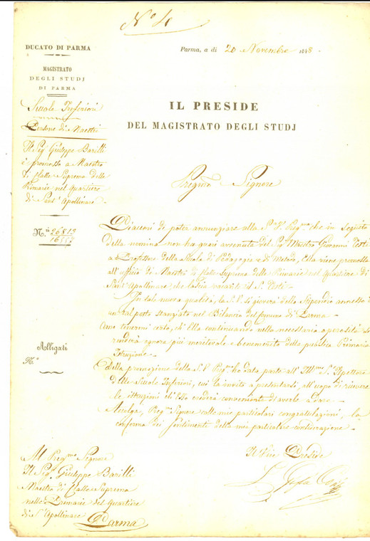 1848 PARMA Nomina Giuseppe BARILLI a maestro di classe suprema a SANT'APOLLINARE