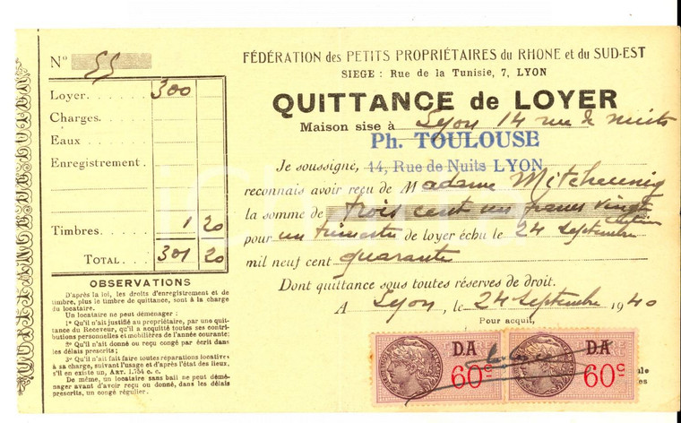 1940 LYON Quittance de loyer maison Philippe TOULOUSE *Timbre postal 60 c.