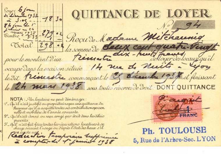 1938 LYON Quittance de loyer maison Philippe TOULOUSE *Timbre postal 1 franc