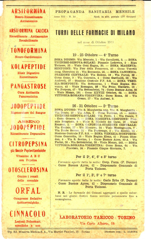 Ottobre 1940 MILANO Turni farmacie *Cartoncino DANNEGGIATO Laboratorio TARICCO