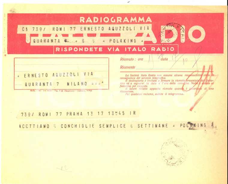 1931 STORIA POSTALE Radiogramma ITALO RADIO MILANO - PRAHA