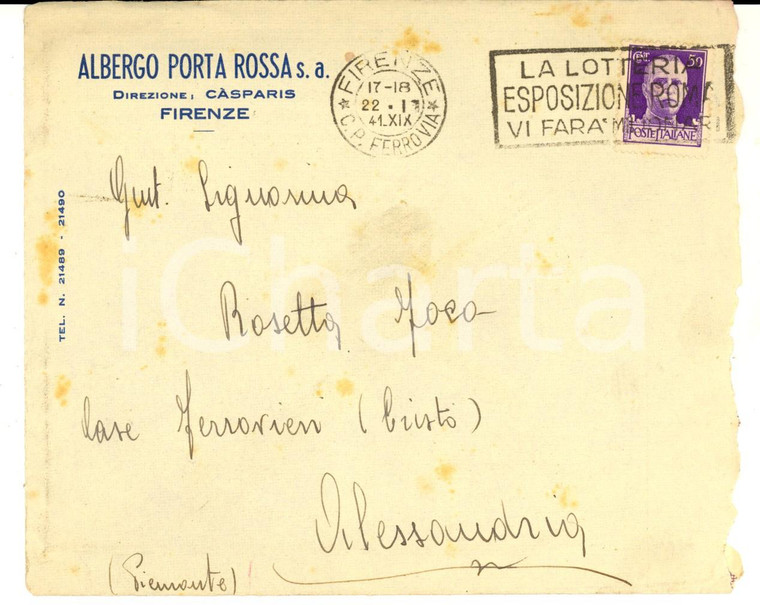 1941 FIRENZE STORIA POSTALE Busta intestata Albergo PORTA ROSSA di CASPARIS