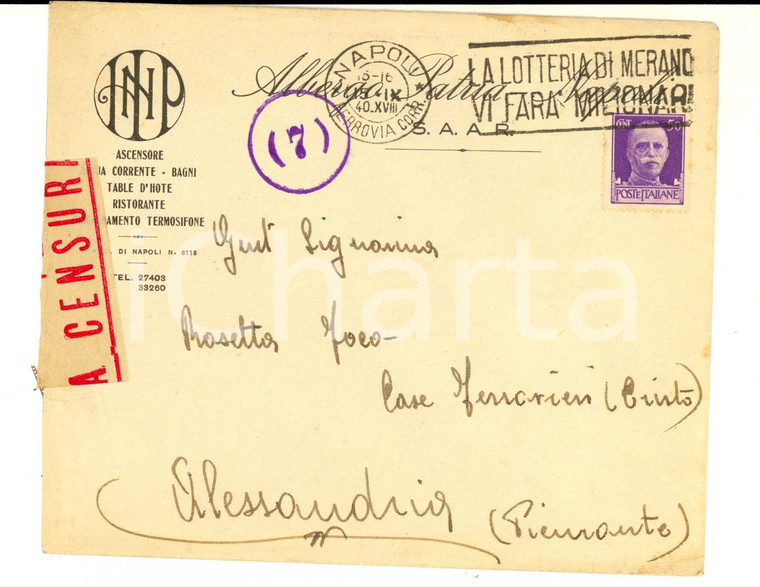 1940 NAPOLI STORIA POSTALE Busta ALBERGO PATRIA *Verificato per CENSURA