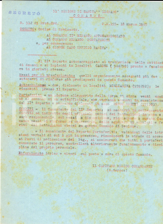 Marzo 1945 51^ Sezione Sanità LEGNANO Ordine di movimento Portaferiti *SEGRETO