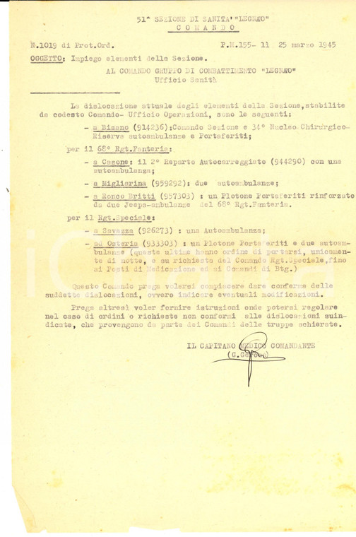 Marzo 1945 PM 155 51^ Sezione Sanità LEGNANO - Impiego elementi della Sezione