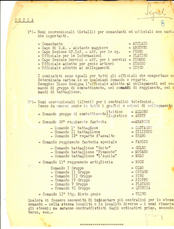 Aprile 1945 51^ Sezione Sanità LEGNANO Nomi convenzionali per comandanti SEGRETO