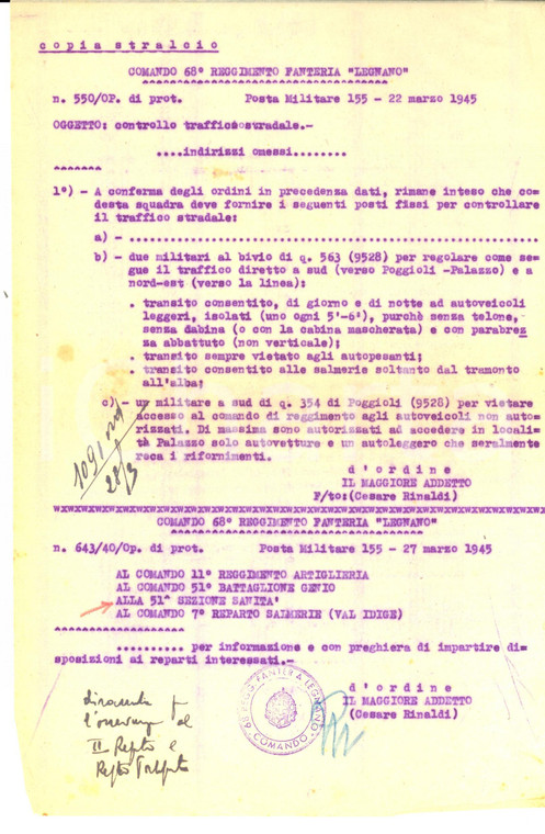 Marzo 1945 51^ Sezione Sanità LEGNANO - Posti per controllo traffico stradale