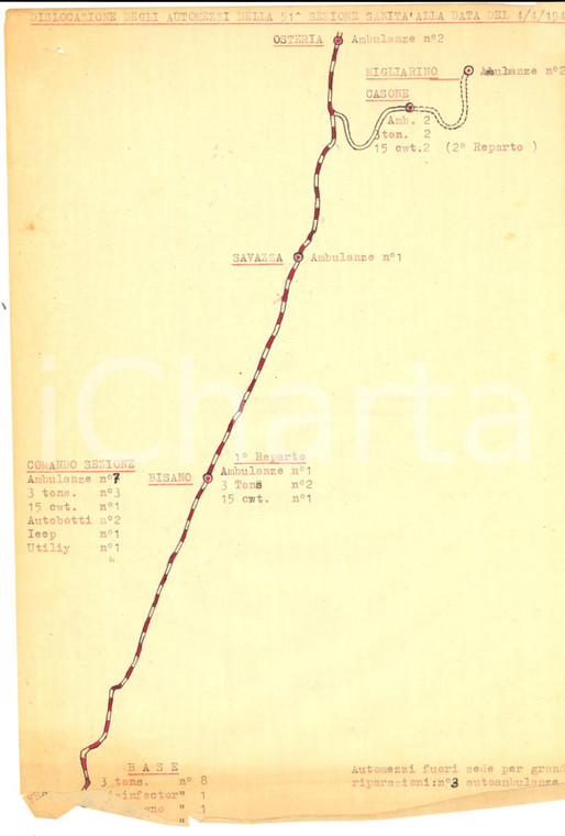 Aprile 1945 WW2 Dislocazione automezzi 51^ Sezione Sanità SAVAZZA - BISANO