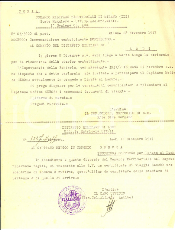 1947 Comando Militare MILANO Commemorazione combattimento MONTELUNGO *Circolare