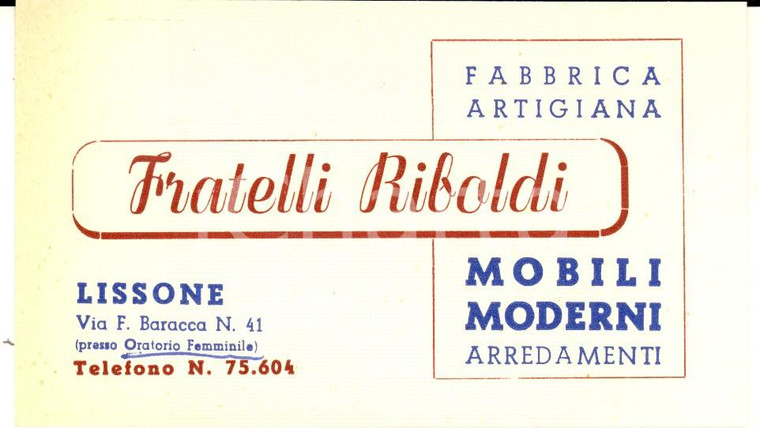 1950 ca LISSONE Ditta FRATELLI RIBOLDI Mobili *Biglietto pubblicitario