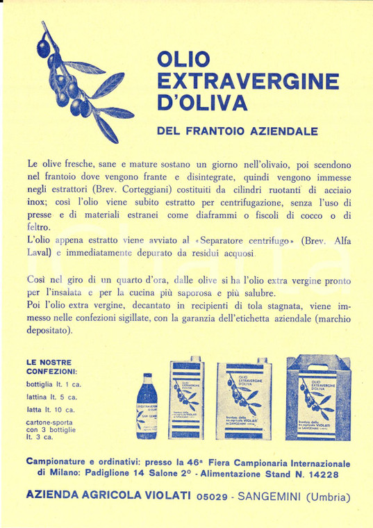 1968 SANGEMINI Olio extravergine VIOLATI - 46^ Fiera di Milano  *Volantino