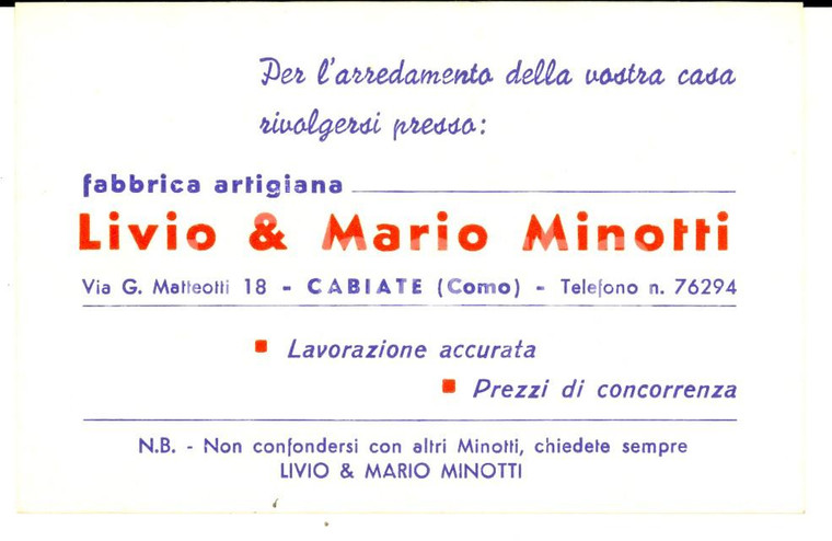 1950 ca CABIATE Ditta Livio & Mario MINOTTI Mobili *Biglietto pubblicitario