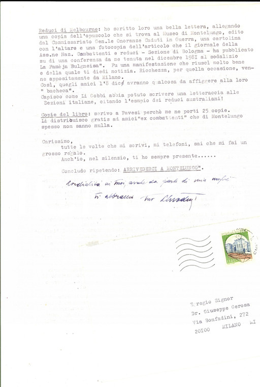 1983 BOLOGNA Lettera Orazio CHIODINI sul quarantennale di MONTELUNGO