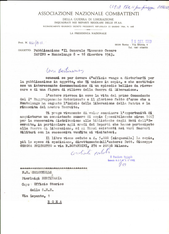 1983 ROMA Associazione Nazionale Combattenti - Lettera gen. Alberto LI GOBBI 