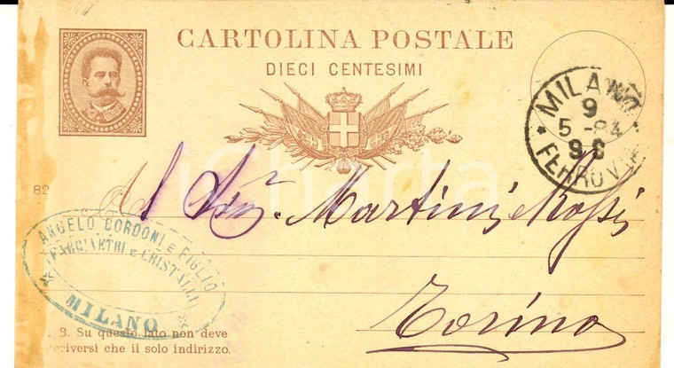 1884 MILANO Ditta Angelo BORDONI vetri e cristalli a MARTINI & ROSSI *Cartolina